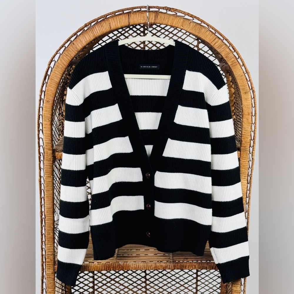 S Deer Concept Black White Striped Button Front Cardigan Loose Fit XL Sweater